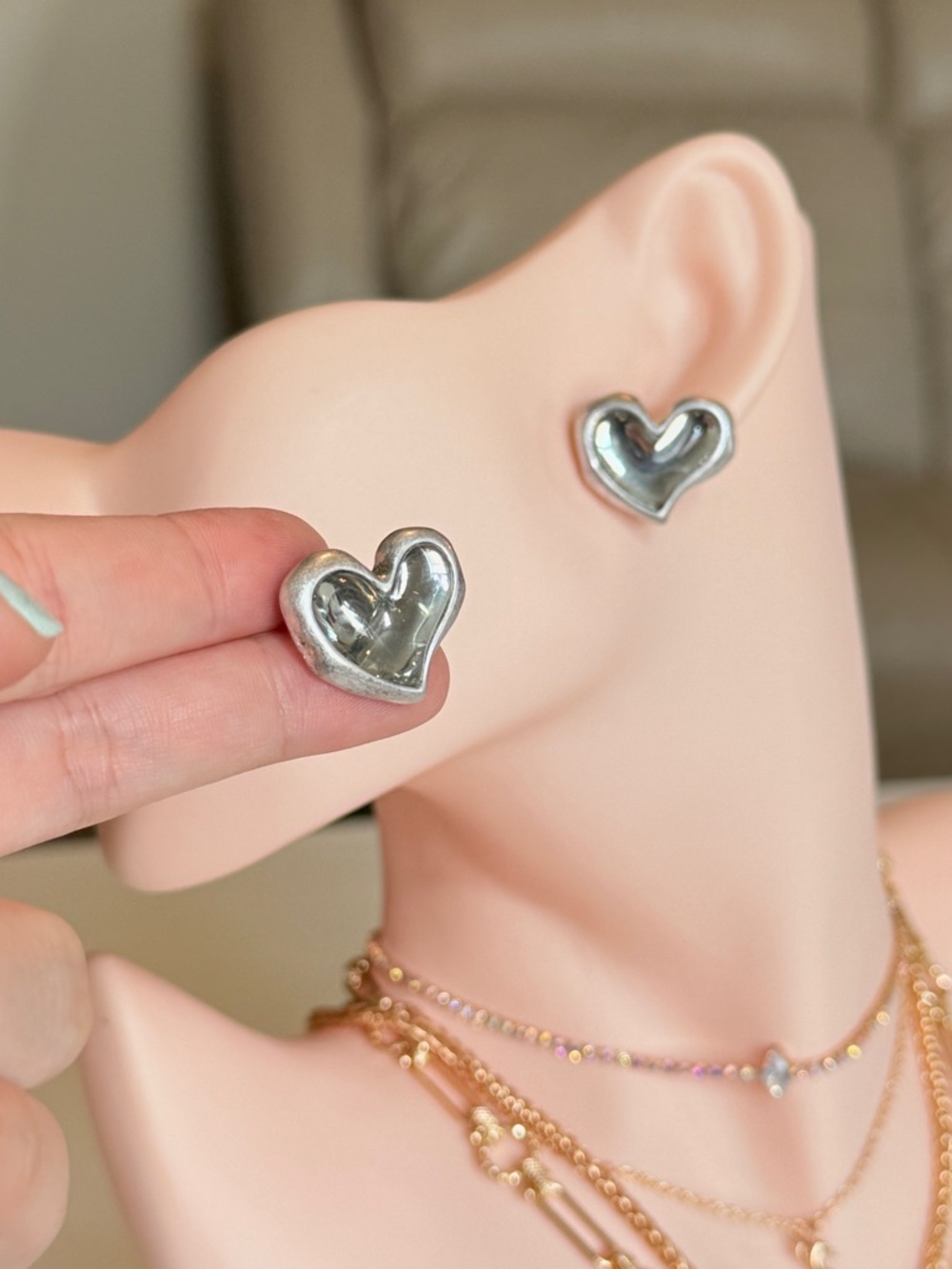Silver Heart Stud Earrings - Picture 5 of 14